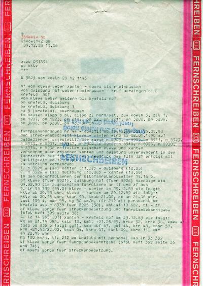 Fernschreiben zur Betriebseinstellung Xanten - Kleve 1989