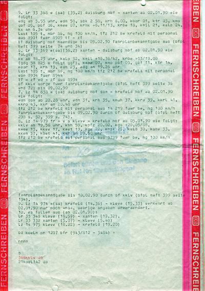 Fernschreiben zur Betriebseinstellung Xanten - Kleve 1989 - Seite 2