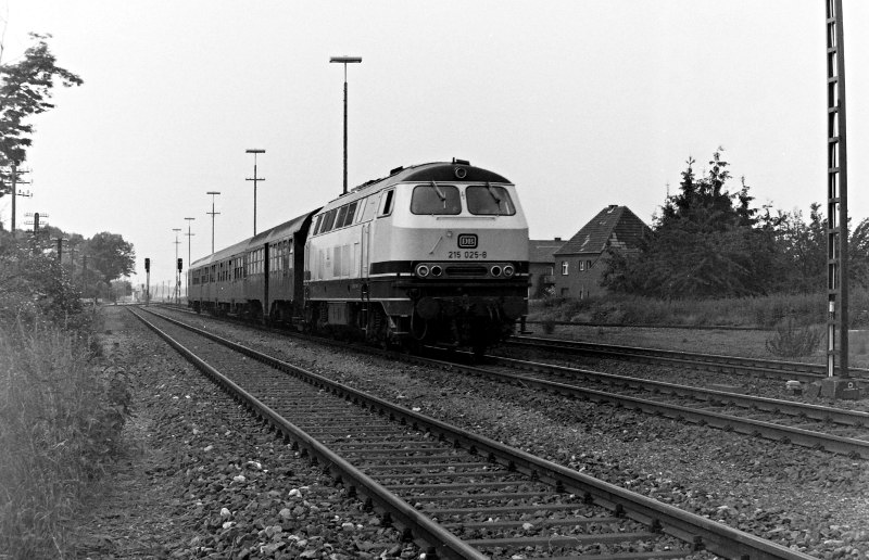 215 025 fährt aus Kleve kommend in Xanten ein.