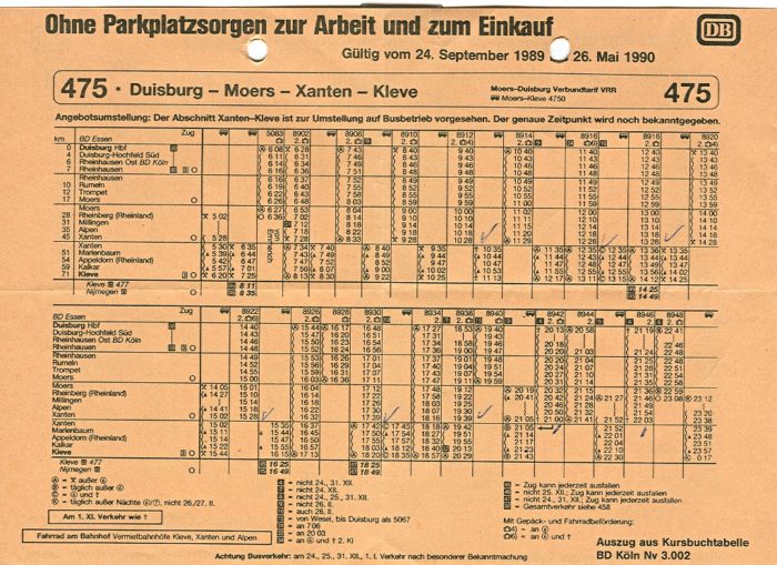 Winterfahrplan KBS 475 Duisburg - Kleve